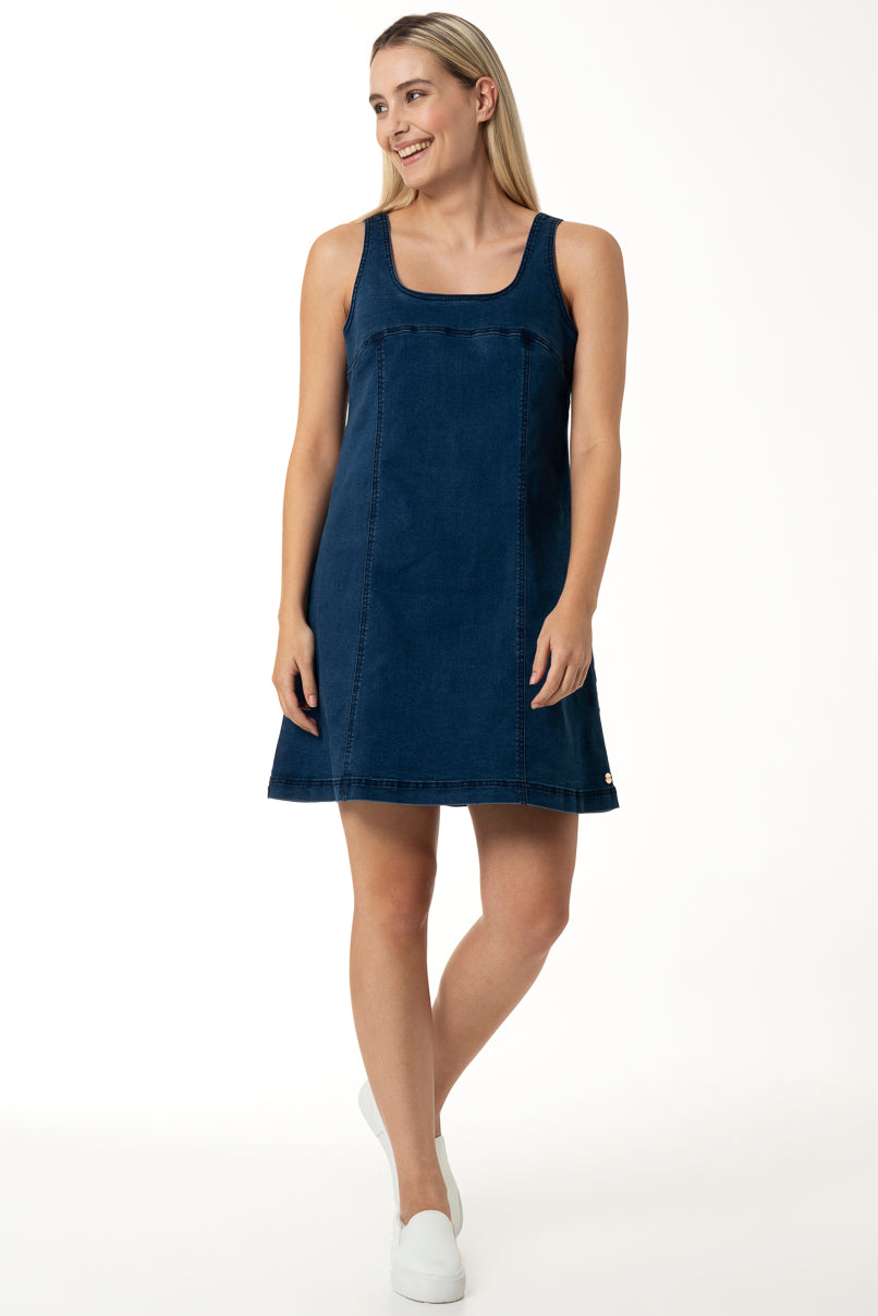 Mid-wash denim short A-line dress