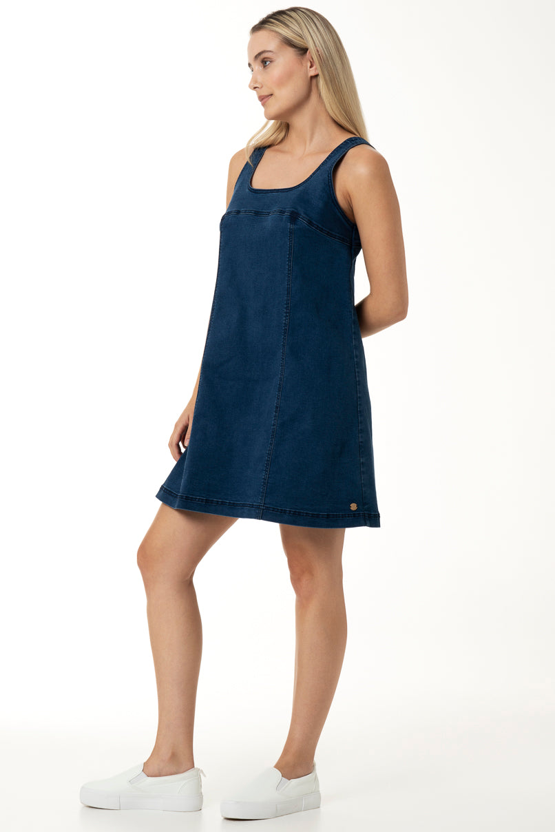 Mid-wash denim short A-line dress